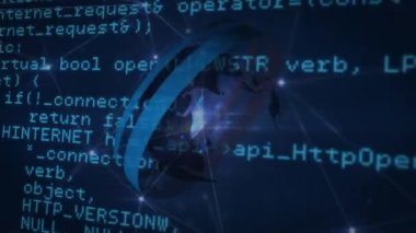 Animation of globe over data processing and network of connections on black background. Global technology, computing and digital interface concept digitally generated video.