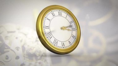 Animation of clock with roman numerals moving over clock mechanism. Time passing by, clocks, mechanic and watchmaking concept digitally generated video.