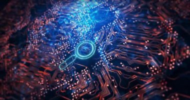 Animation of magnifying glass with pricing strategy text over computer circuit board. Global business, technology and digital interface concept digitally generated video.