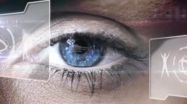Animation of woman eye ball scanning globe with people icons and digital display with human anatomy. Hologram, digital composite, multiple exposure, surveillance, futuristic, iris, technology.
