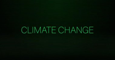 Animation of interference over climate change text on black background. Global technology and digital interface concept digitally generated video.
