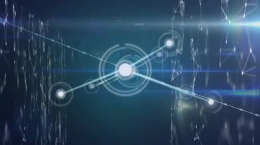 Digital animation of moving digital lines and dots connecting each other over graphical interface. Digitally generated, multiple exposure, computer network, social media, futuristic, technology.