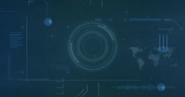 Animation of data, digital screens, graphs and texts on navy background. Data processing, digital interface and global network concept digitally generated video.