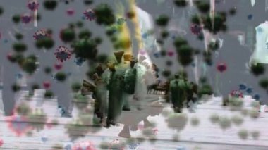 Animation of virus cells over walking people. Health and covid 19 pandemic concept digitally generated video.