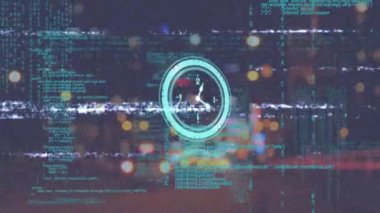 Animation of interference over clock with data processing and cityscape. Global technology, computing and digital interface concept digitally generated video.
