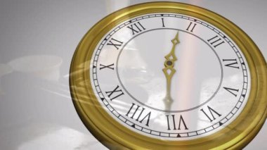 Animation of clock with roman numerals moving over clock mechanism. Time passing by, clocks, mechanic and watchmaking concept digitally generated video.