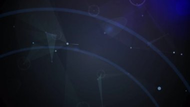 Animation of network of connections and light trails over lines on black background. Global technology, connections and digital interface concept digitally generated video.
