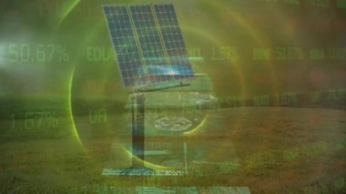 Animation of stock market and data processing over solar panel. Global technology, connections and digital interface concept digitally generated video.