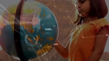 Animation of network of connections over caucasian girl touching a globe model at school. School and education technology concept