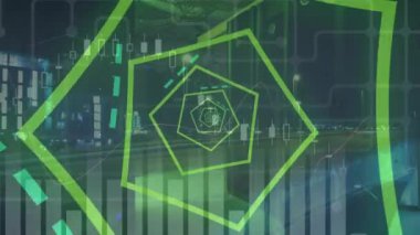 Animation of data processing and shapes over cityscape. Global business and digital interface concept digitally generated video.