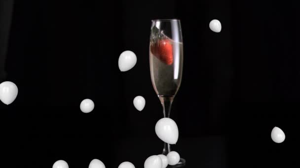 Animation White Balloons Glass Champagne Black Background Party Celebration Concept — Stockvideo