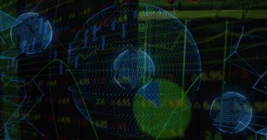 Sunucu odasının üzerindeki veri işleme ve küresinin resmi. küresel iş ve dijital arayüz kavramı dijital olarak oluşturulmuş görüntü