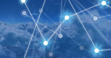 Bulutların üzerindeki bağlantı ağının resmi. Ağ, bağlantılar ve teknoloji konsepti dijital olarak oluşturuldu,