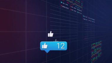 Animation of like with increasing numbers on speech bubble and stock market data processing. Global economy and social media networking technology concept