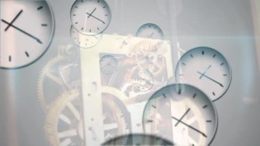 Animation of clocks floating over clock mechanism. Vtime passing by, clocks, mechanic and watchmaking concept digitally generated video.