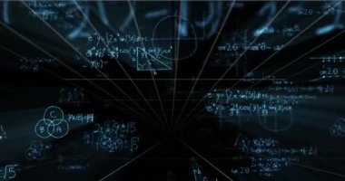 Animation of digital screen with math formulas over black background. Science, math, knowledge and education concept digitally generated video.