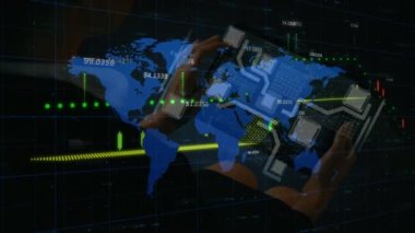 Animation of data processing and world map over caucasian woman using tablet. Global technology, computing and digital interface concept digitally generated video.