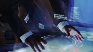 Animation of data processing and globe over caucasian businessman. Global business and digital interface concept digitally generated video.