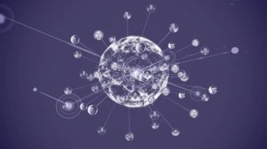 Animation of network of connections with icons and globe over blue background. Global business and digital interface concept digitally generated video.