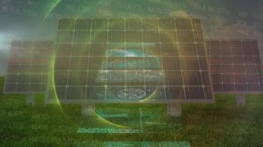 Animation of globe of connections and data processing over solar panels. Global technology, connections and digital interface concept digitally generated video.