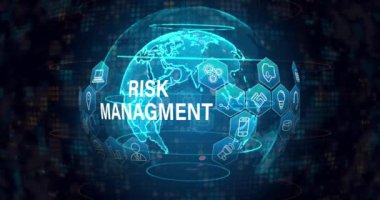 Animation of risk managment text with icons over globe on black background. Global business and digital interface concept digitally generated video.