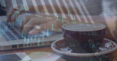 Animation of financial data processing over caucasian woman using laptop. Global business, data processing and digital interface concept digitally generated video.