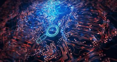 Animation of magnifying glass with communication text over computer circuit board. Global business, technology and digital interface concept digitally generated video.