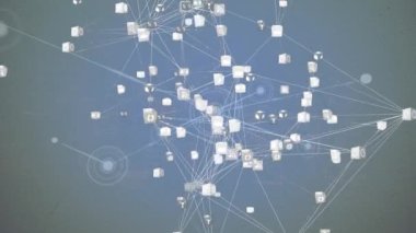Animation of network of connections with icons and shapes over blue background. Global business and digital interface concept digitally generated video.