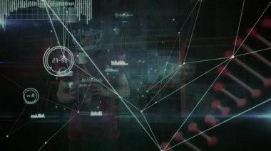 Animation of data processing and dna strand over caucasian rugby player. Global business and digital interface concept digitally generated video.