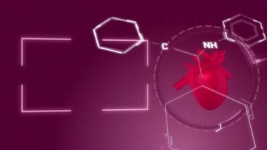 Animation of chemical structures and data processing over heart icon on purple background. Medical research and science technology concept