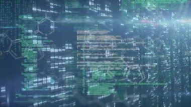 Animation of moving columns over chemical formula and data processing on black background. Global technology, computing and digital interface concept digitally generated video.