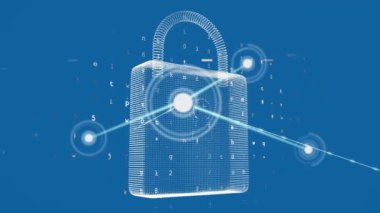 Animation of network of connections over padlock icon and data processing on blue background. Global connections and digital interface concept digitally generated video.