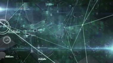 Animation of network of connections with data processing over computer circuit board. Global technology, connections and digital interface concept digitally generated video.