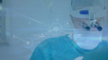 Animation of network of connections over caucasian male surgeon during operation. Health, medicine, connections and technology concept digitally generated video.