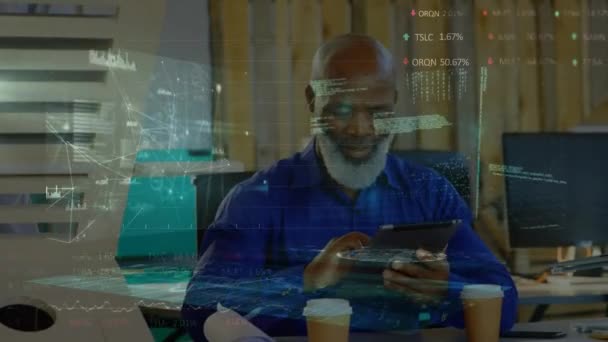 Animation Financial Data Processing African American Man Using Tablet Global — Stock videók