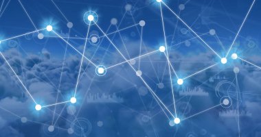 Bulutların üzerindeki bağlantı ağının resmi. Ağ, bağlantılar ve teknoloji konsepti dijital olarak oluşturuldu,