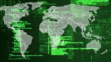 Animation of world map and data processing over black background. Global business and digital interface concept digitally generated video.