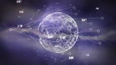 Animation of network of connections and globe with data processing over sky with clouds. Global technology, computing and digital interface concept digitally generated video.