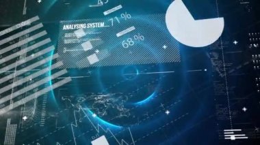 Animation of data processing and blue circles on black background. Global technology, computing and digital interface concept digitally generated video.