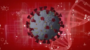 Animation of virus cell over molecules and dna strand on red background. Global covid 19 pandemic and digital interface concept digitally generated video.