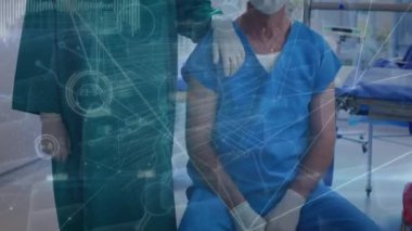 Animation of network of connections over caucasian female and male surgeons. Health, medicine, connections and technology concept digitally generated video.