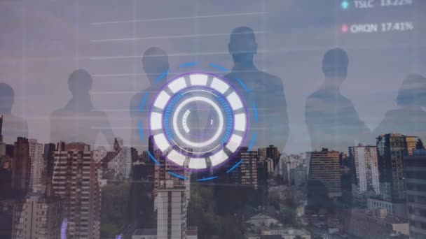 Animation Data Processing Scope Scanning People Silhouettes Cityscape Global Technology — Vídeo de Stock
