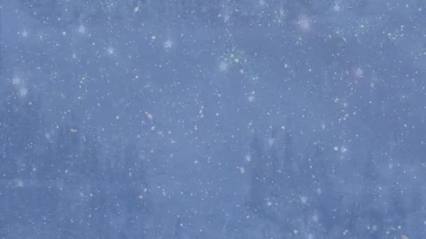 Анімація Сяючих Зіркових Значків Снігу Падають Над Зимовим Пейзажем Різдвяні — стокове відео