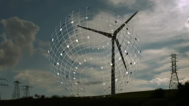 Animation Spinning Globe Windmill Blue Sky Global Networking Renewable Energy — 图库视频影像