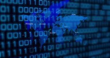 Mavi arkaplan üzerinde zarf simgesi olan veri işleme resmi. Küresel teknoloji ve dijital arayüz konsepti dijital olarak oluşturuldu