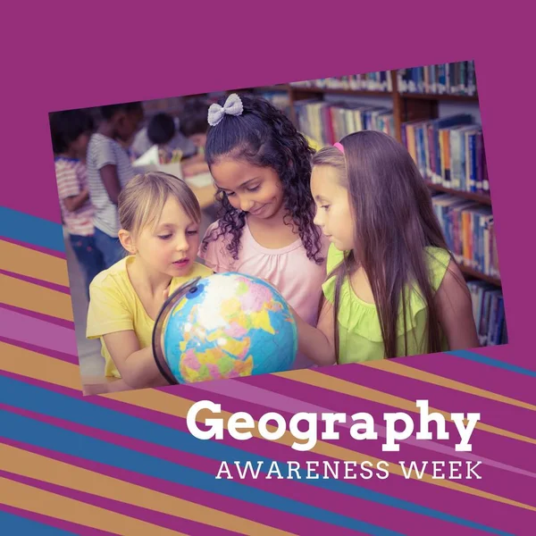 与全球快乐的不同女孩的地理意识周图像 学校和教育概念 — 图库照片