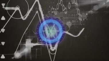 Animation of data processing with scope scanning over light trails on black background. Global technology, computing and digital interface concept digitally generated video.