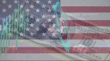 Animation of nft text and data processing over flag of usa and banknotes. Global business, patriotism and digital interface concept digitally generated video.