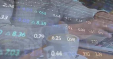 Animation of financial data over caucasian woman using laptop. Global business, data processing and digital interface concept digitally generated video.