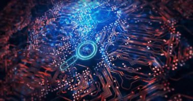 Animation of magnifying glass with security awareness text over computer circuit board. Global business, technology and digital interface concept digitally generated video.
